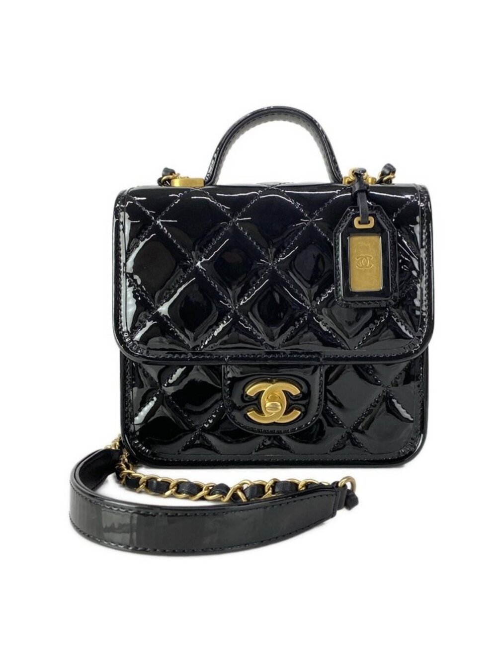 Chanel Shoulder Bag Small Top Handle Flap Quilted Black Leather